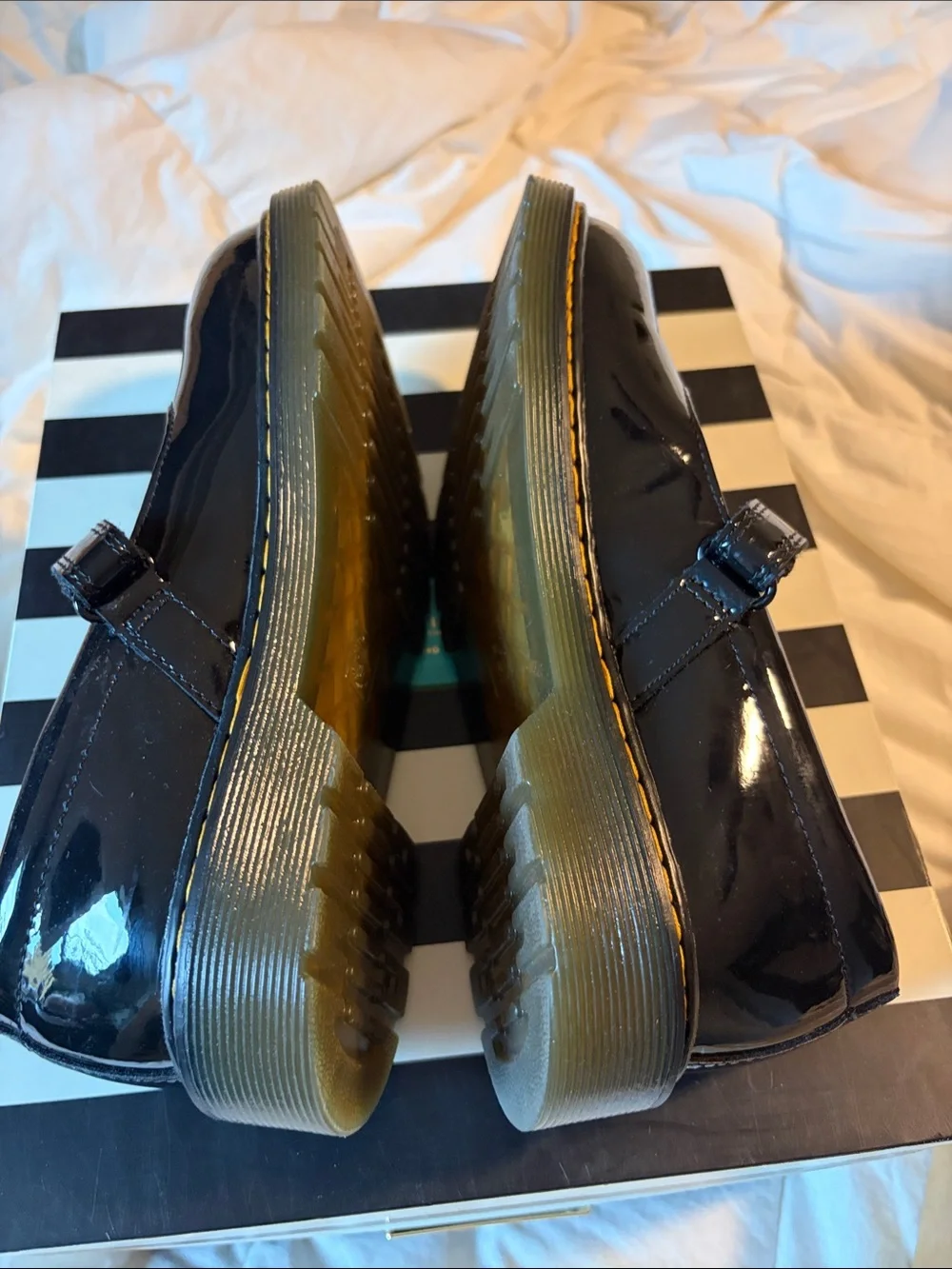 Dr. Martens Girls Black Patent Mary Jane Shoes with Yellow Stitching us 5